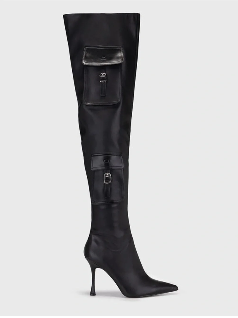 Steve Madden Black Over-the-Knee Pointed Stiletto Boot with Buckle Pockets